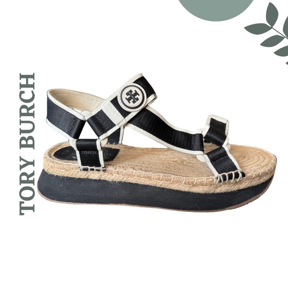 Tory Burch Black White Tan Espadrille Platform Sandals Velcro Closure Size 10 - Picture 5 of 10